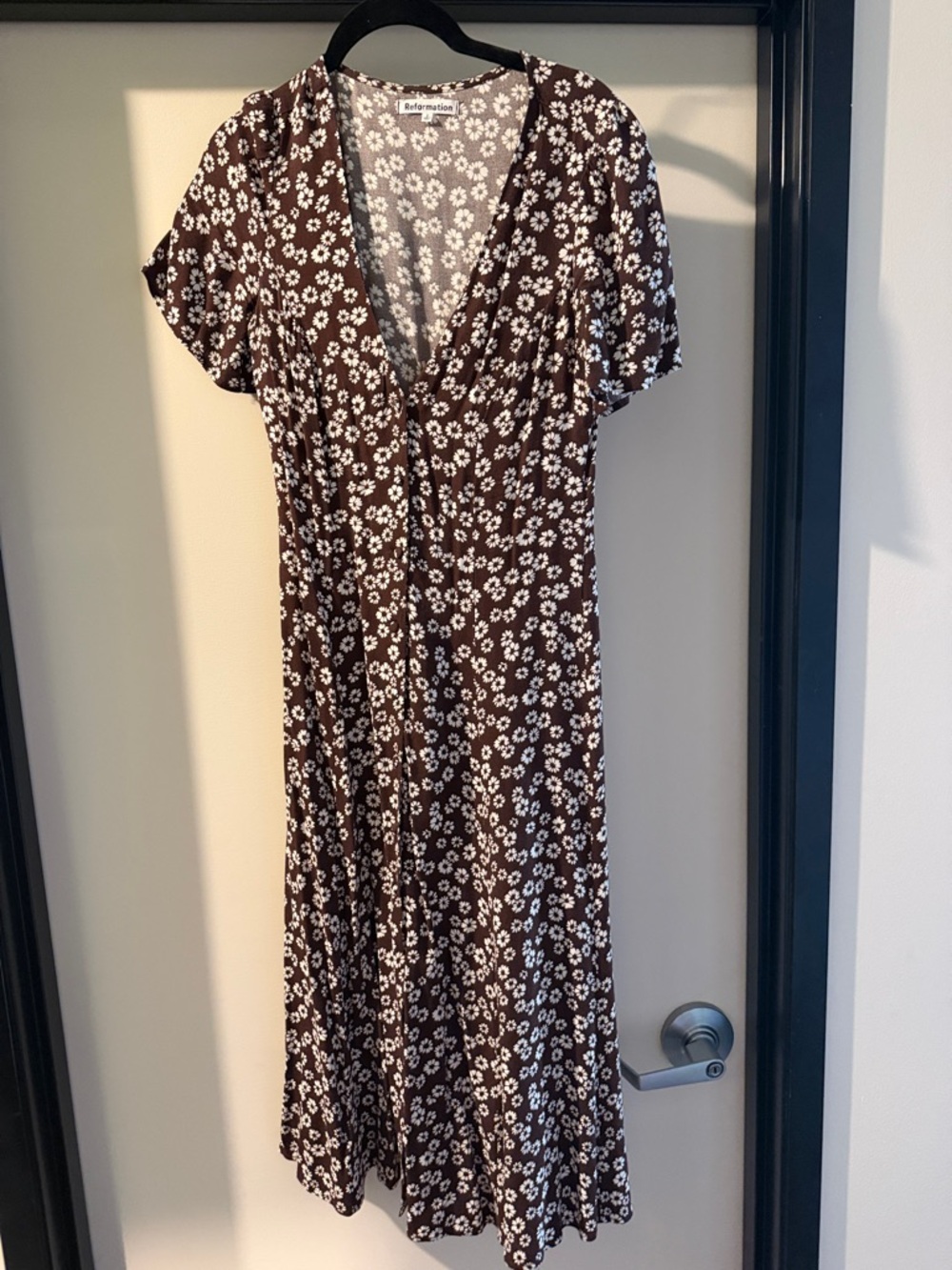 Reformation Brown and White Floral V-Neck Midi Dress